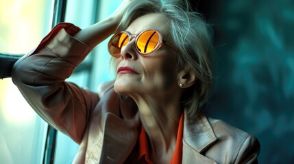 Senior mature stylish female retiree suffering from hot menopause flashes or sick headache migraine or megrim with hand on her head