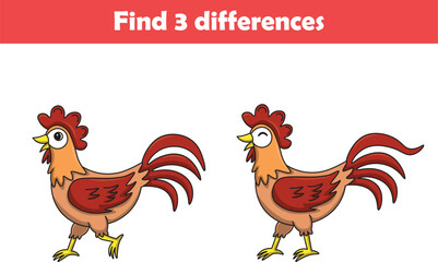 Education game for children find three differences between two roosters animal cartoon. Vector illustration