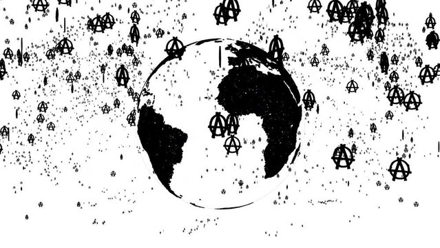 4K Anarchy symbols exploding from earth turn around with alpha channel