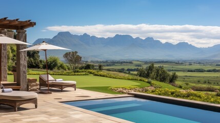 View from the magnificent estate of the stretching mountain range - obrazy, fototapety, plakaty