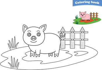 Funny cartoon pig. Coloring pages. Vector illustration