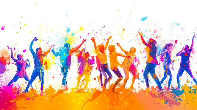 A creative sketch illustrating a lively Holi gathering with friends, showcasing characters enjoying the festival with laughter and colorful splashes on a white background