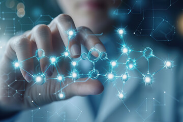 Scientist doctor hand touches virtual molecular structure in the lab. AI Generated