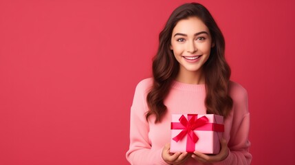 Young woman hold gift box on red backdrop. Smiling young woman with present box. Valentines day