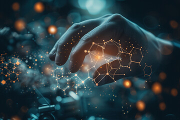 Scientist doctor hand touches virtual molecular structure in the lab. AI Generated