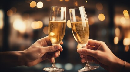 Champagne cheers of couple in restaurant on blur background. Valentines day