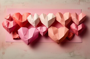 Assorted paper hearts in shades of pink and white arranged on a pastel background, symbolizing love and Valentine's Day.