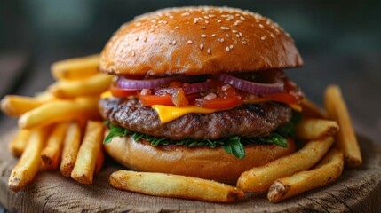 Mouthwatering Burger with Fries, a close-up of a juicy burger loaded with toppings, accompanied by golden crispy fries. - obrazy, fototapety, plakaty