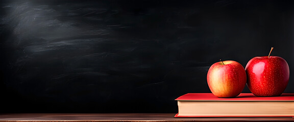 Blank blackboard for background with a book and apple in front of it. Perfect for advertisement. Banner format. Mockup.