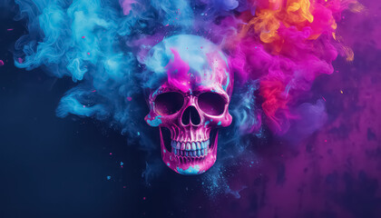 Skull on the background of dust, paints, smoke , happy holi indian concept