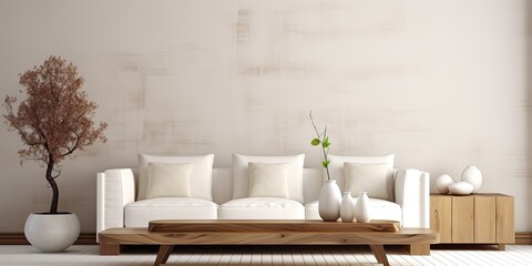 Fototapeta na wymiar Contemporary living room with wood table and white couch
