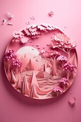  paper cut-out pink landscape background. eco concept. paper craft for children's room,