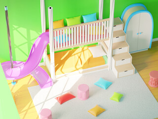 children room bunk bed play slide isometric