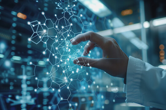 Scientist doctor hand touches virtual molecular structure in the lab. AI Generated