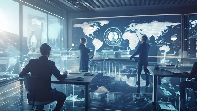 In a conference room by the window, team members actively discuss over transparent screens displaying global data and statistics. The fusion of technology and teamwork is generating new strategies.
