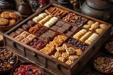 Obraz premium A large gift box filled with a variety of chocolates and cookies professional advertising food photography