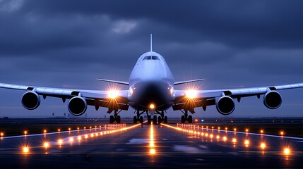Commercial Airplane on Illuminated Runway at Nigh - obrazy, fototapety, plakaty