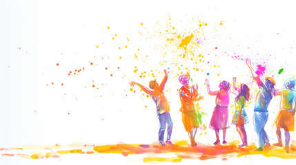 A hand-drawn scene portraying friends sharing laughter and joy while celebrating Holi