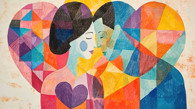 Abstract couple in love kissing, man and woman with heart shape geometric multicolored figures. Relationships, abstract art