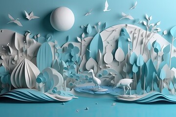  paper cut-out winter landscape background. eco concept. paper craft for children's room,