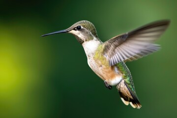 A hummingbird flying in the air with its wings spread. Perfect for nature and wildlife enthusiasts