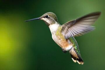 Obraz premium A hummingbird flying in the air with its wings spread. Perfect for nature and wildlife enthusiasts