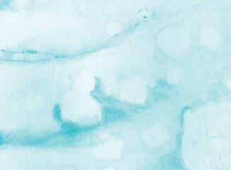 Delicate abstract watercolor background. Light blue surface with watercolor painting, spots, blots, paint stains on wet paper. Soft artistic backdrop. Vector hand drawn illustration.