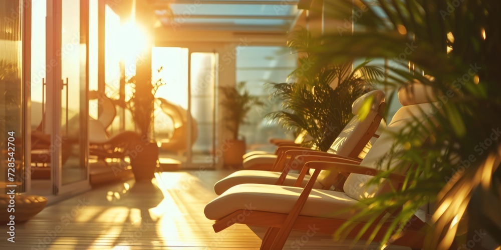 Poster a person sitting on a chair in a room filled with sunlight. this image can be used to depict relaxat