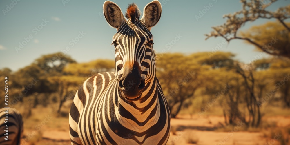 Poster a close up shot of a zebra in a field. perfect for nature and wildlife enthusiasts
