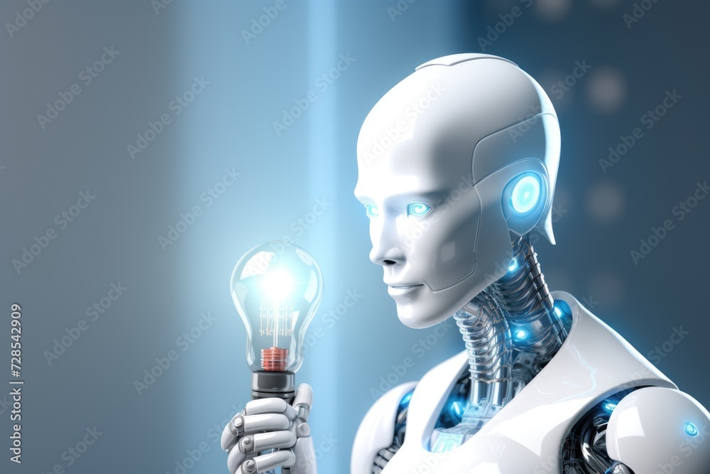 Aufkleber a robot holding a light bulb in its hand. perfect for illustrating innovation and technology concept