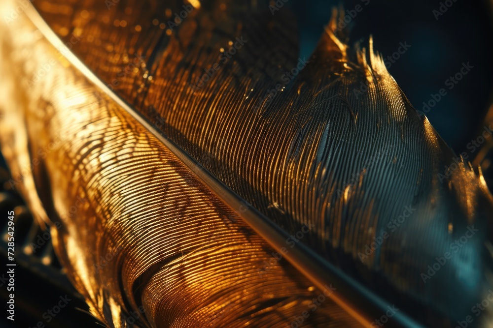Poster A close-up view of a golden feather resting on a sleek black surface. Perfect for adding an elegant touch to any design or project