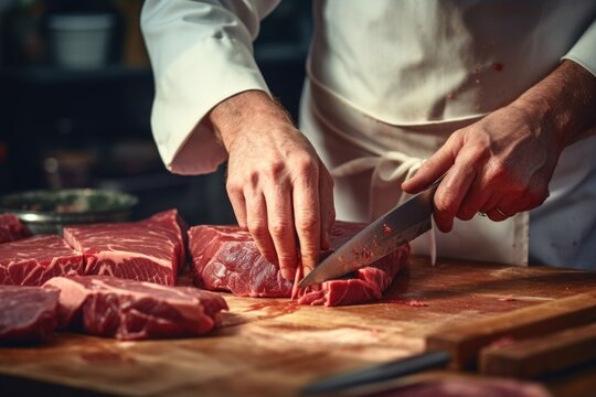 A chef is shown cutting meat on a cutting board. This image can be used to showcase culinary skills and food preparation in professional kitchens or home cooking environments