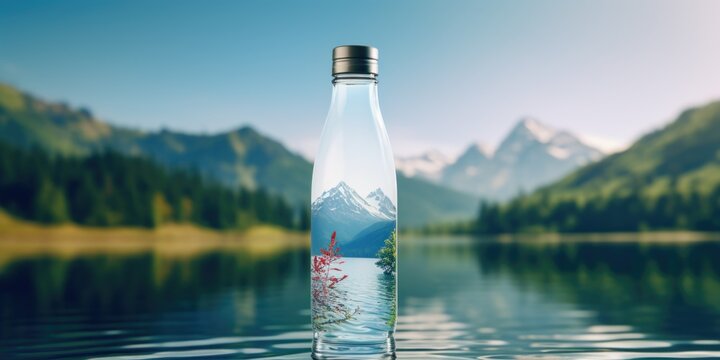 A bottle of water resting peacefully on the calm surface of a lake. Ideal for refreshing summer themes or promoting hydration