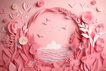 Gordijnen  paper cut-out pink landscape background. eco concept. paper craft for children's room, © zamuruev