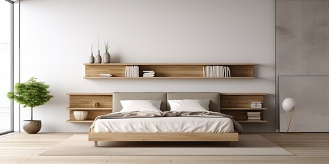 Contemporary bedroom featuring spacious bed and shelving.