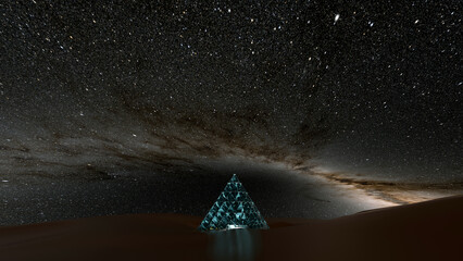 A blue transparent glass pyramid in a dune with milky way galaxy in background (3D Rendering)