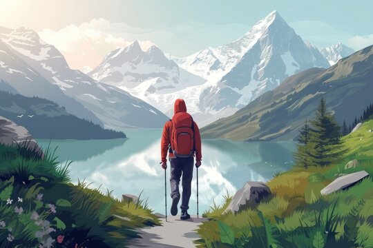 A man wearing a red jacket standing on a path near a serene lake. This image can be used to depict outdoor activities, nature exploration, or leisurely walks by the water