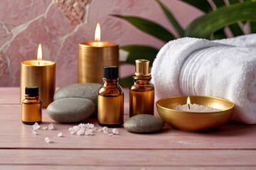 Obraz na płótnie Canvas Pamper essentials. Spa items on pink table, gold marble backdrop. Massage stones, oils, sea salt, candles. Relaxation ambiance. 