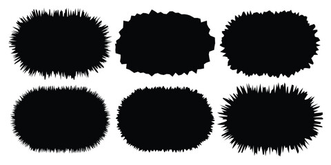 Black oval frames with jagged edges. Ripped rectangular shape silhouettes collection. Textured grunge element bundle for collage, text box, banner, sticker, Torn paper pieces set. Vector.