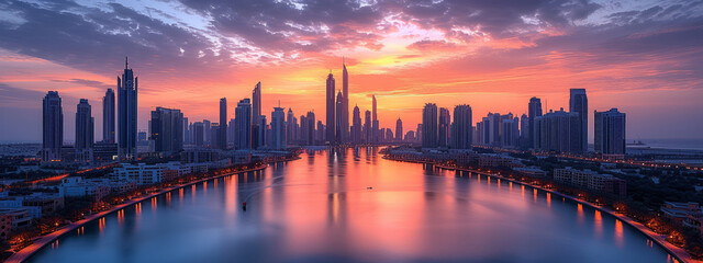 Fototapeta premium Ethereal Glow: The Majestic Sunset Embracing a Skyscraper Cityscape