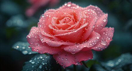 Close-up of a dew-covered pink rose against a blurred blue background.