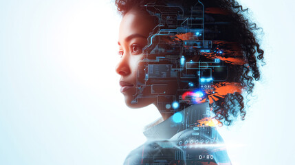 A woman excelling in technology, challenging stereotypes by showcasing her expertise in a modern and dynamic field against a bright white backdro