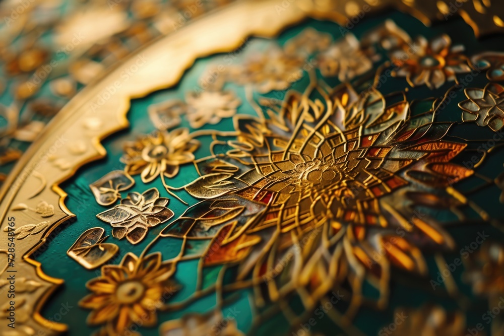 Poster a close-up view of a gold and green plate. can be used for various food and dining concepts