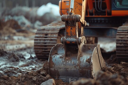 A close-up view of a bulldozer in the dirt. This image can be used to depict construction, heavy machinery, or earthmoving activities