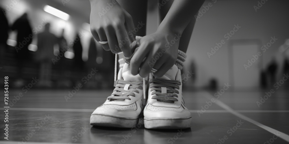 Aufkleber a black and white photo of a person tying a shoe. can be used to depict everyday activities or as a 