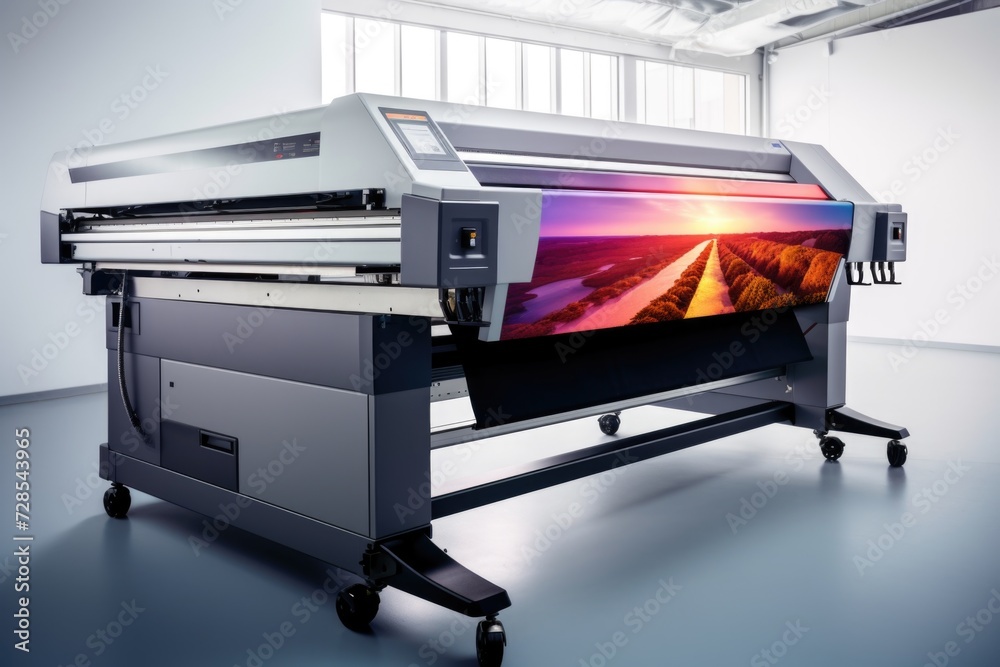 Poster A picture of a large format printer in a spacious room. This image can be used for illustrating printing processes or showcasing printing technology