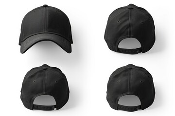 A set of four black baseball caps on a white background. Perfect for sports teams, outdoor activities, or casual wear