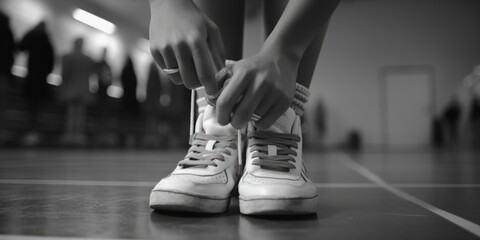 A black and white photo of a person tying a shoe. Can be used to depict everyday activities or as a metaphor for preparation and getting ready