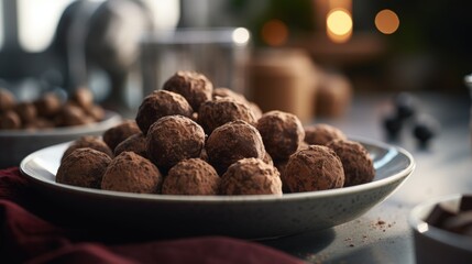 A bowl full of chocolates sitting on a table. This image can be used to depict indulgence, temptation, or a sweet treat. Ideal for food-related designs or marketing campaigns