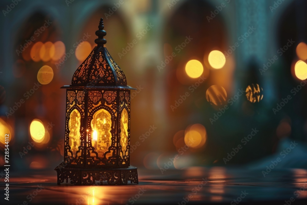 Poster A single lantern shines brightly in the darkness. Perfect for adding a warm glow to any setting